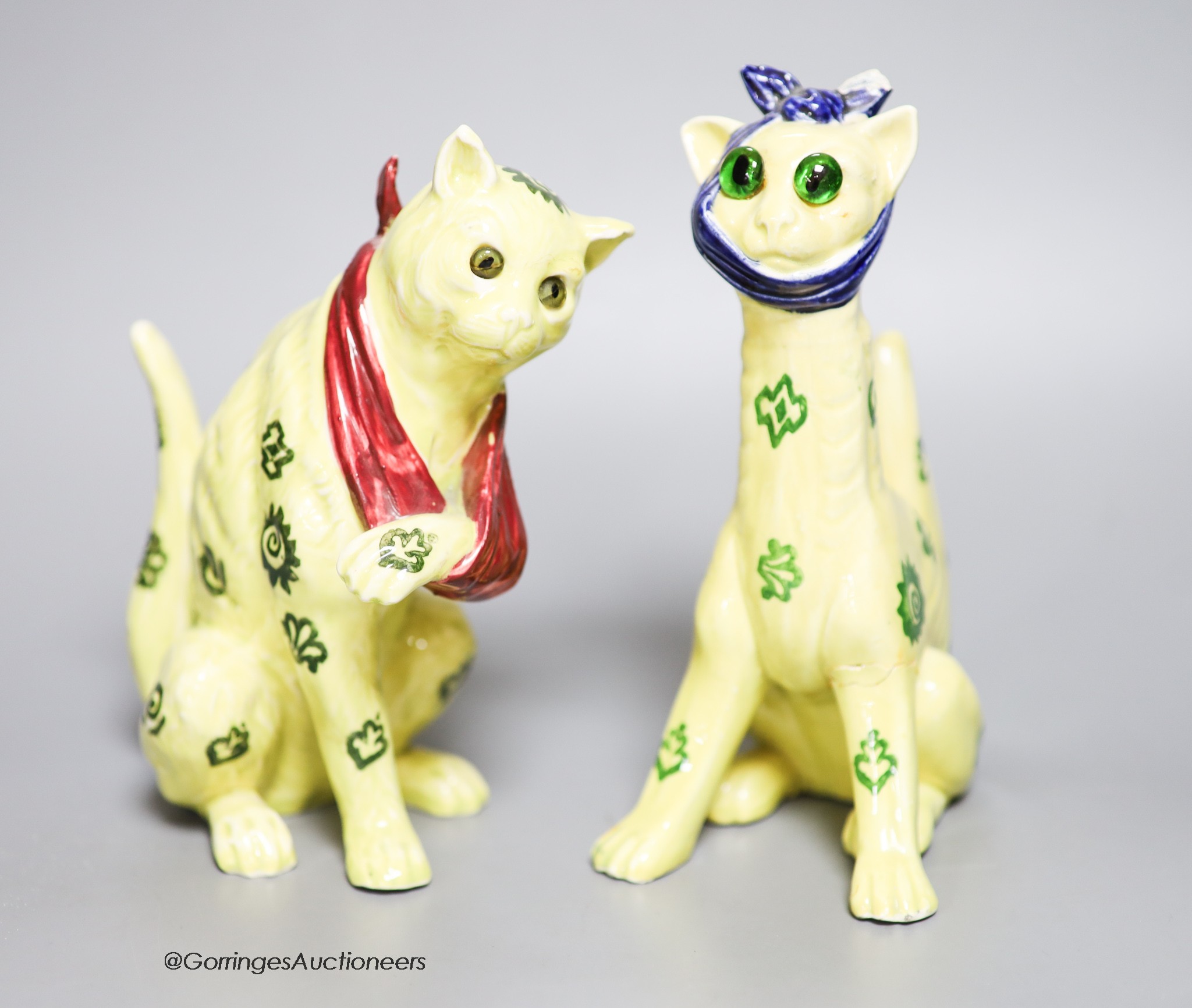 Two early 20th century Galle style pottery cats, tallest 19cm
